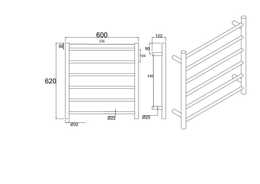Stainless Steel Heated Towel Rack 6 Bars Round - Chrome Silver