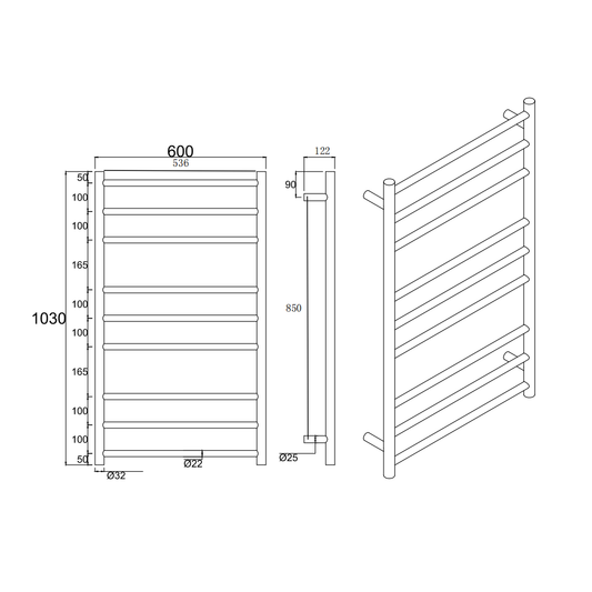 Stainless Steel Heated Towel Rack 9 Bars Round - Black
