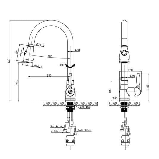Solid Brass Pull Out 2 Water Flow Patterns Vintage Kitchen Mixer - Black