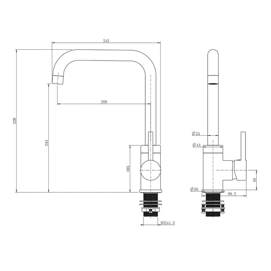 Solid Brass Standard Bauhaus Kitchen Mixer - Chrome Silver