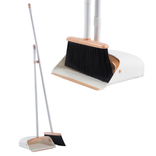 Dolanx Long Handle Broom and Dustpan Set with Convertible Height with Foldable Dustpan - Orange