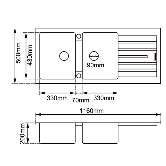Granite Arete Stone Double Bowl Kitchen Sink with Drain Board 1160x500x200mm - White