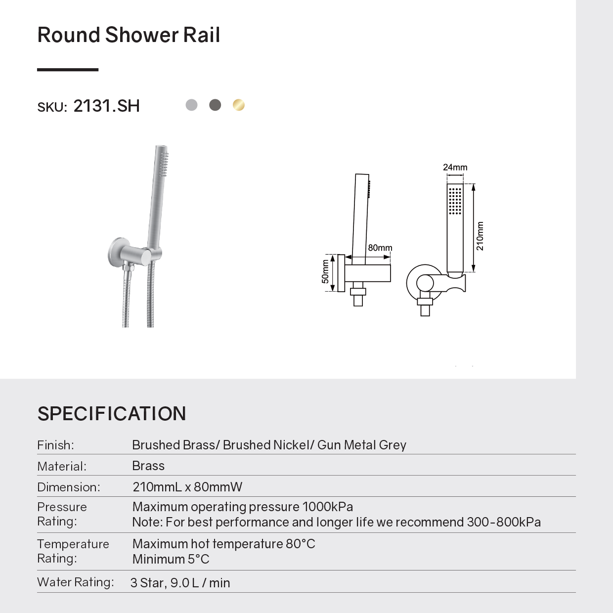 Fixed Round Shower Rail with Handheld Shower Head - Stainless Steel & Solid Brass - Gunmetal Grey