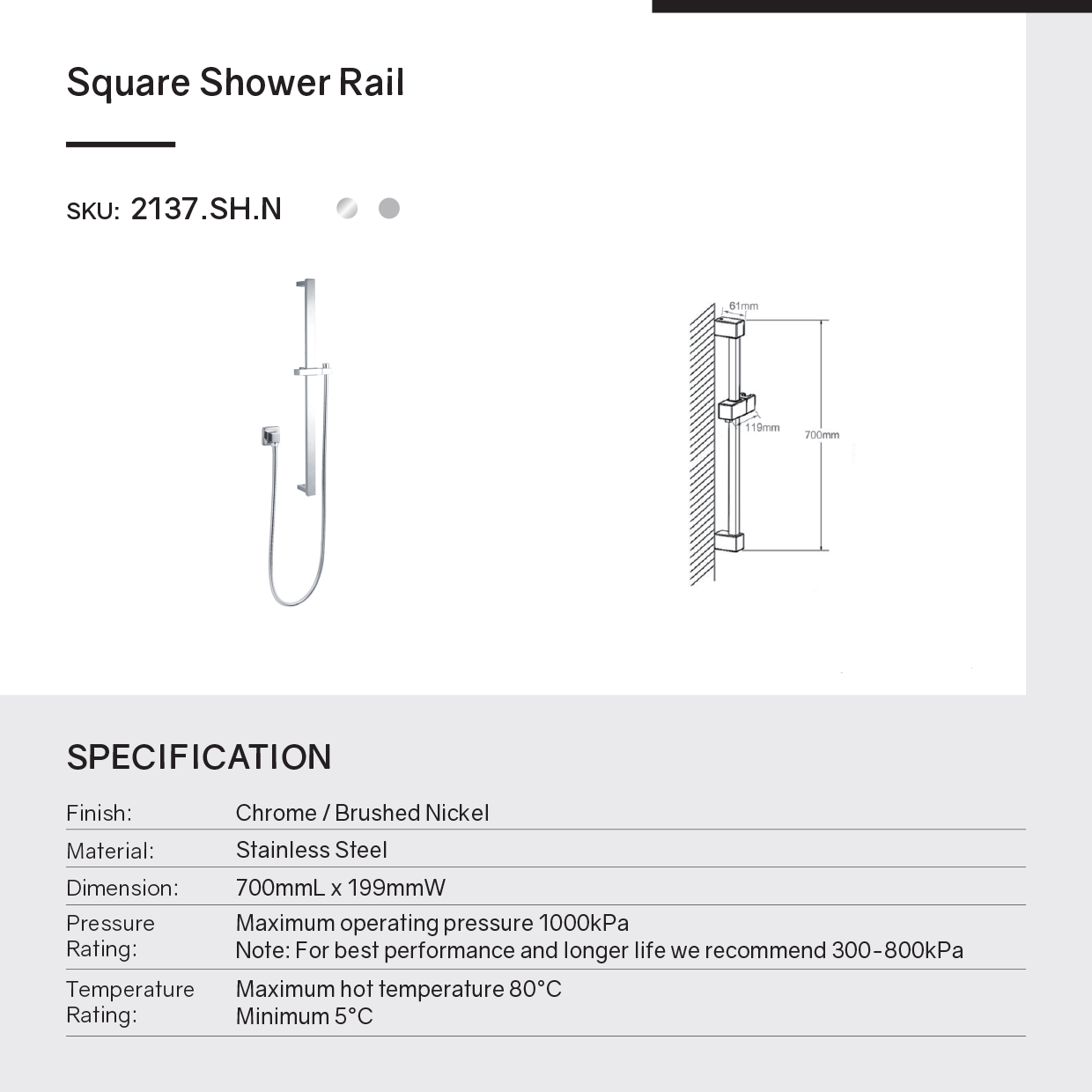 Handheld Shower Rail Square - Stainless Steel & Solid Brass - Chrome Silver