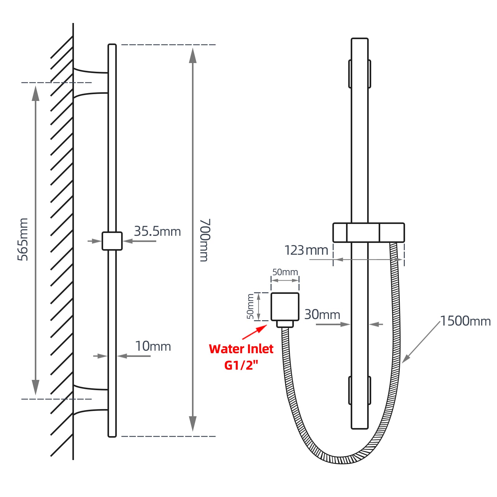Handheld Shower Rail Flat - Stainless Steel & Solid Brass - Chrome Silver