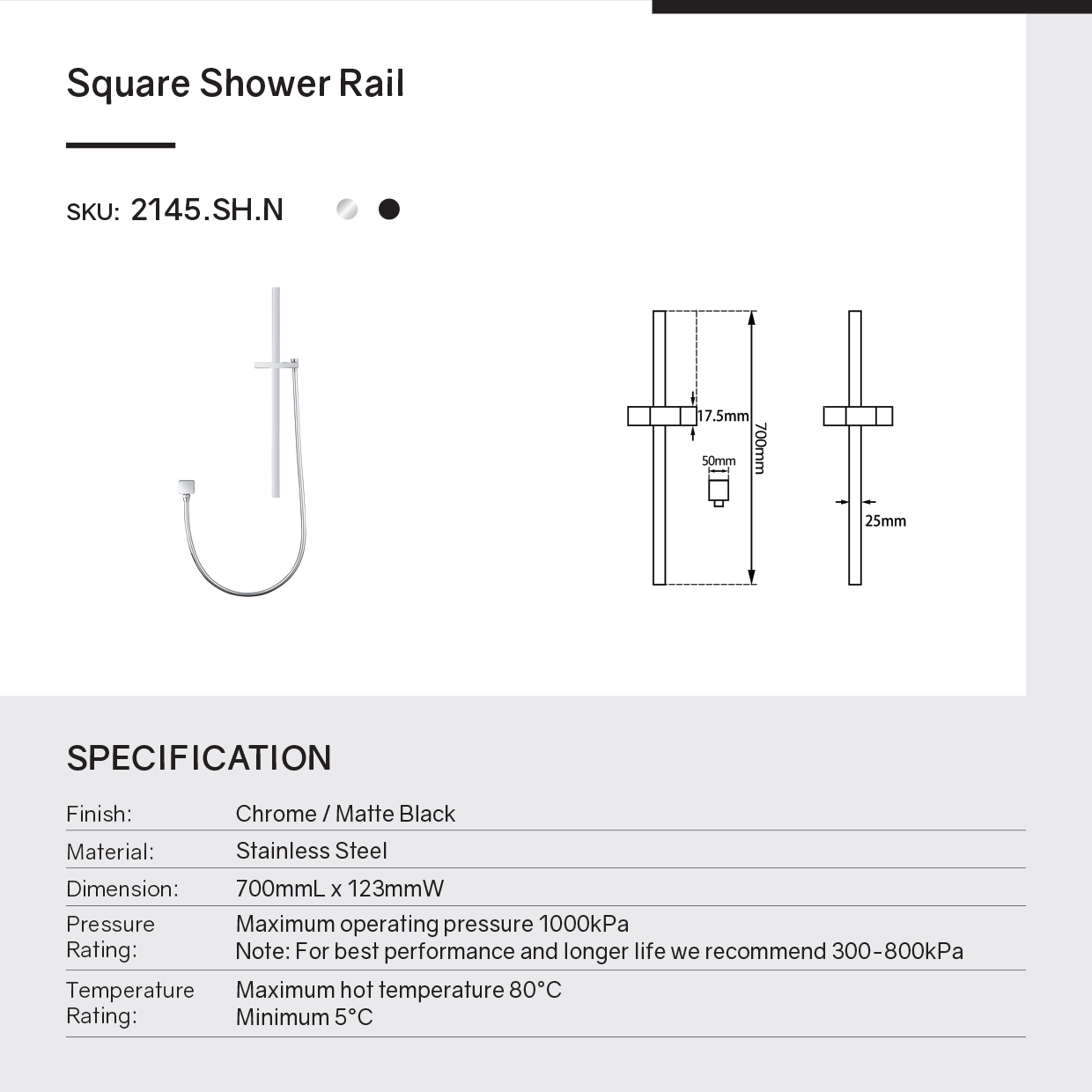Handheld Shower Rail Flat - Stainless Steel & Solid Brass - Chrome Silver