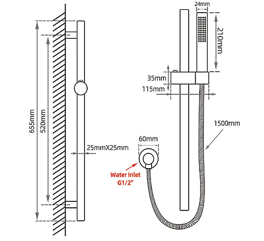 Stainless Steel & Solid Brass Shower Rail with Handheld Shower - Black