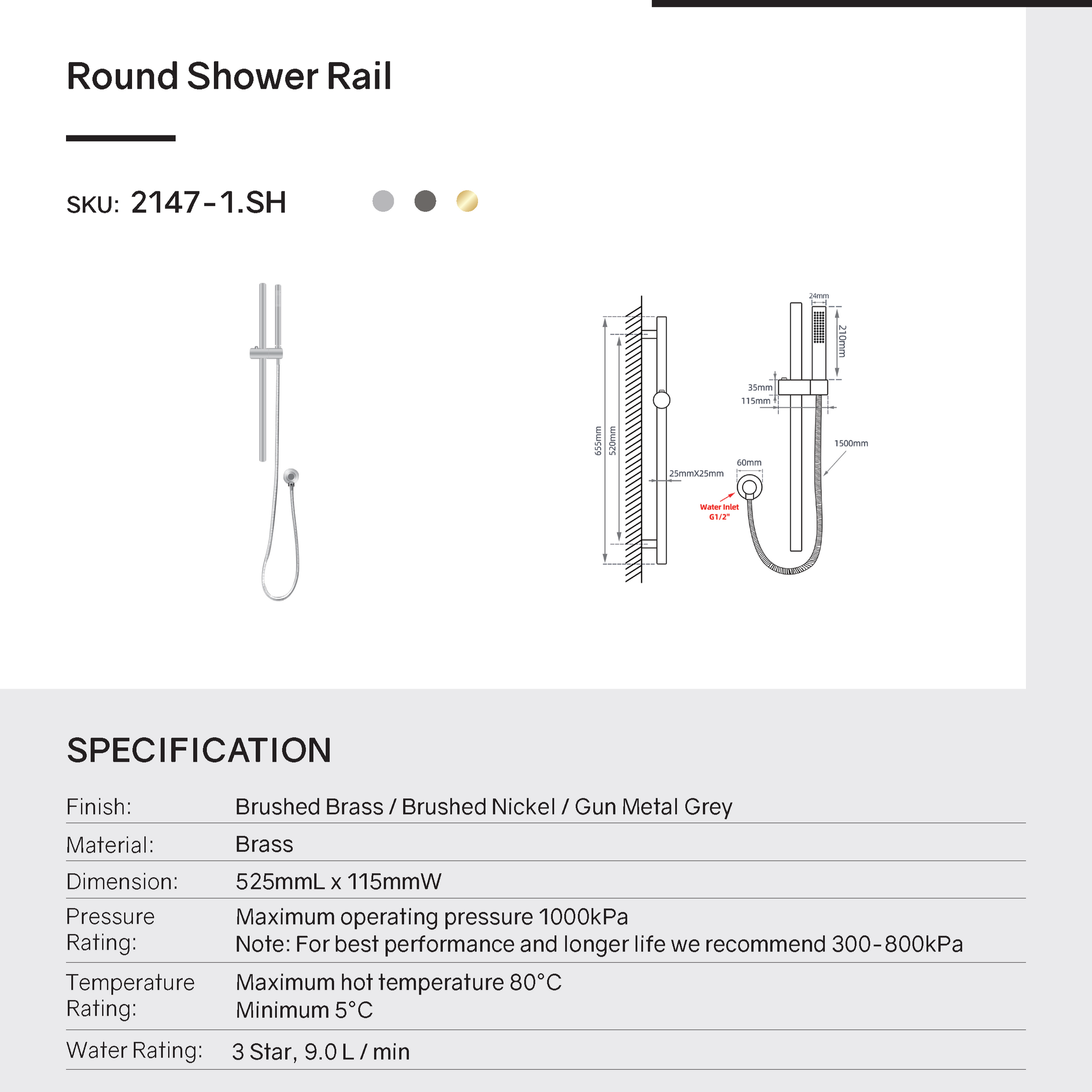 Stainless Steel & Solid Brass Shower Rail with Handheld Shower - Black