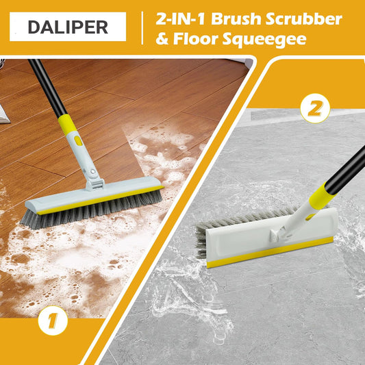 DALIPER 2-in-1 Floor Scrub Brush with Long Handle & Squeegee – 180° Rotating Tile, Bathroom, Deck & Kitchen Cleaning Brush