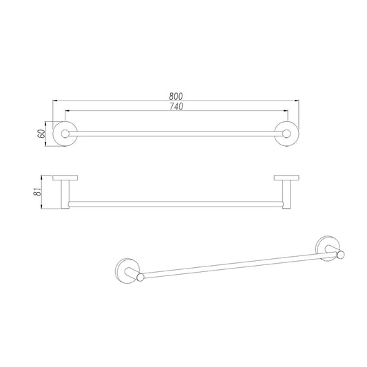 Stainless Steel 800mm Single Towel Rail - Gunmetal Grey - LUCID PIN