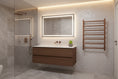 Load image into Gallery viewer, a copper finished heated towel rail in a modern bathroom