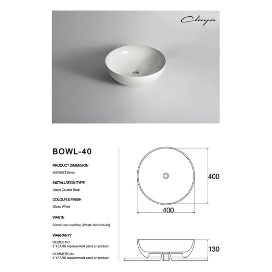 CLAYA Bowl-40 Ceramic Above Counter Basin – 400mm Gloss White