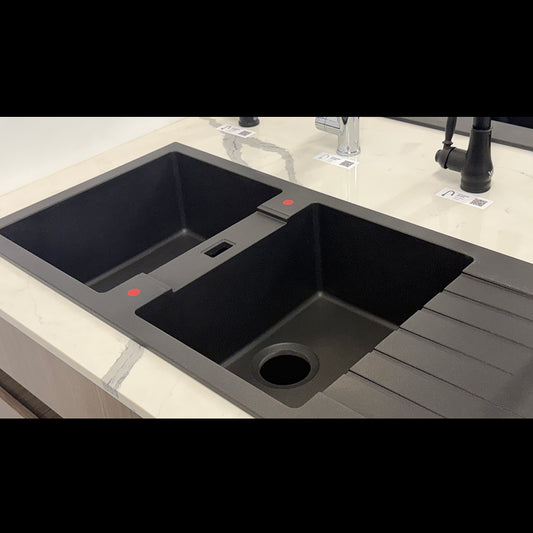 Granite Arete Stone Double Bowl Kitchen Sink with Drainboard 1160x500mm - Black