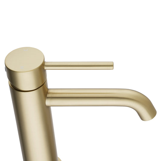 Solid Brass Short Basin Mixer - Light Brushed Brass Gold - LUCID PIN