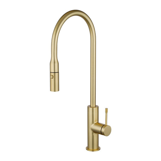 Solid Brass Pull Out Kitchen Mixer - Light Brushed Brass