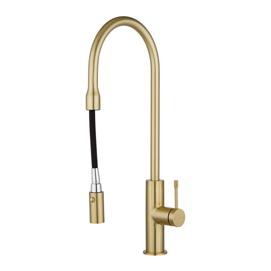 Solid Brass Pull Out Kitchen Mixer - Light Brushed Brass