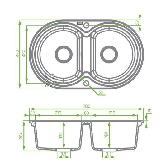 Laveo Dafne Granite Stone Round Double Bowl Kitchen Sink 470x780x204mm - Grey