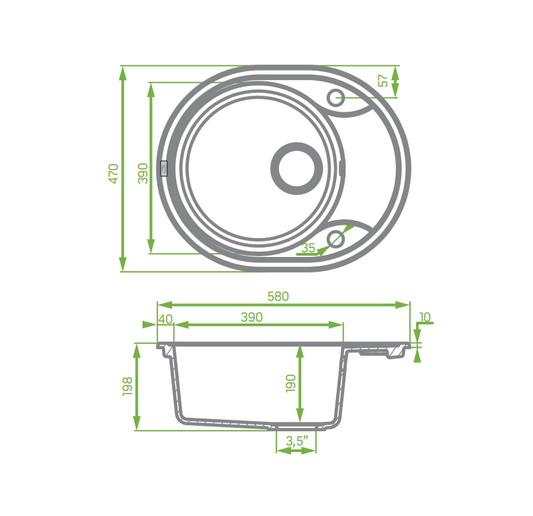 Laveo Dafne Granite Stone Round Single Bowl Kitchen Sink with Short Drainer 470x580x198mm - Grey