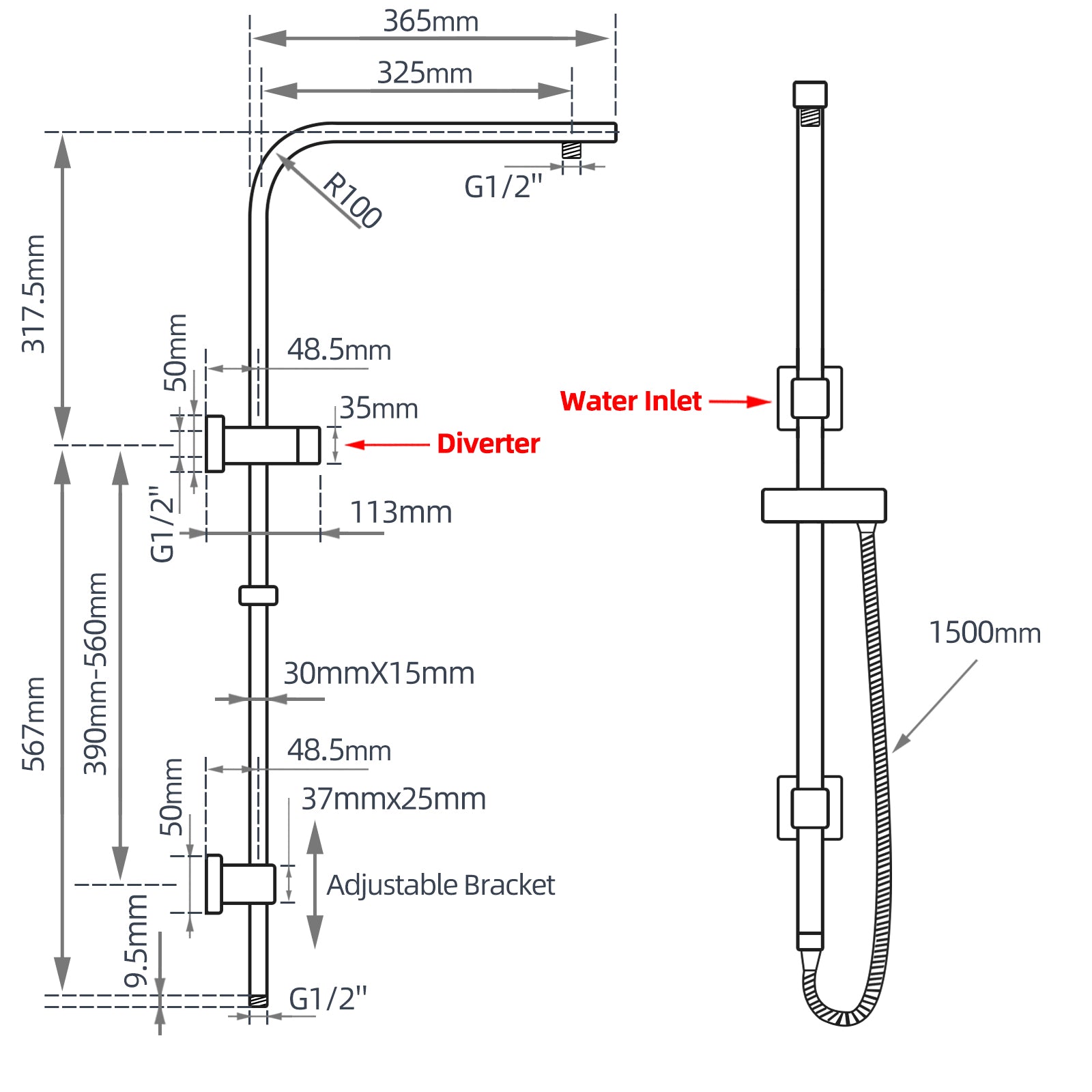Stainless Steel & Solid Brass Shower Rail Square - Black