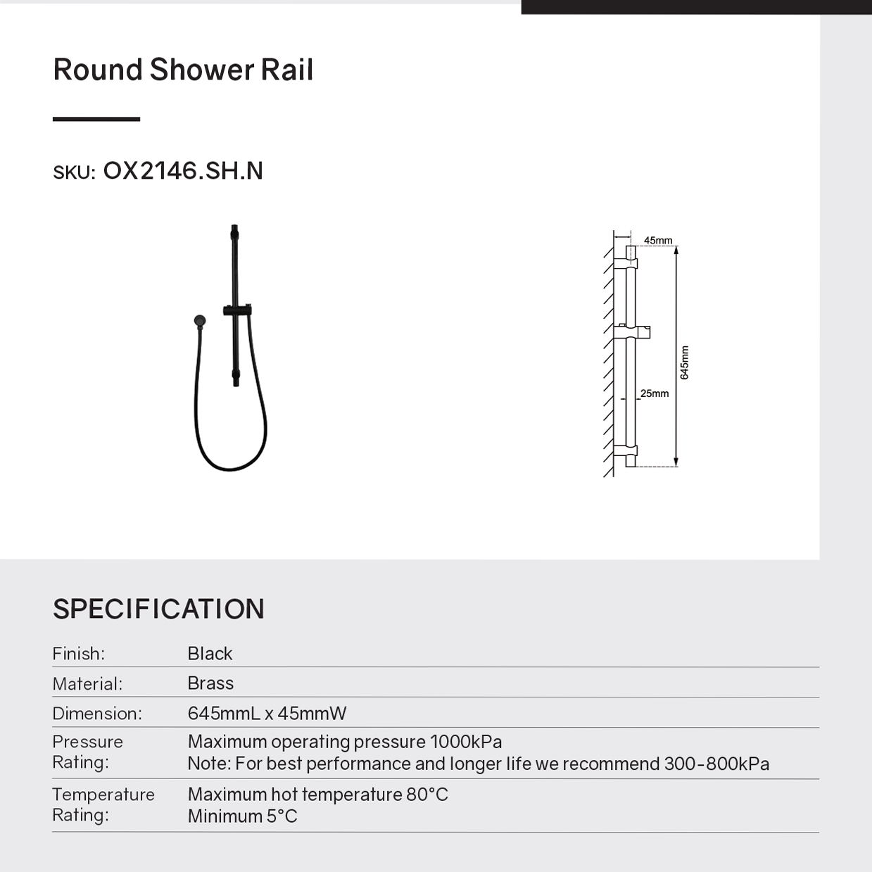 Handheld Shower Rail - Stainless Steel & Solid Brass - Black