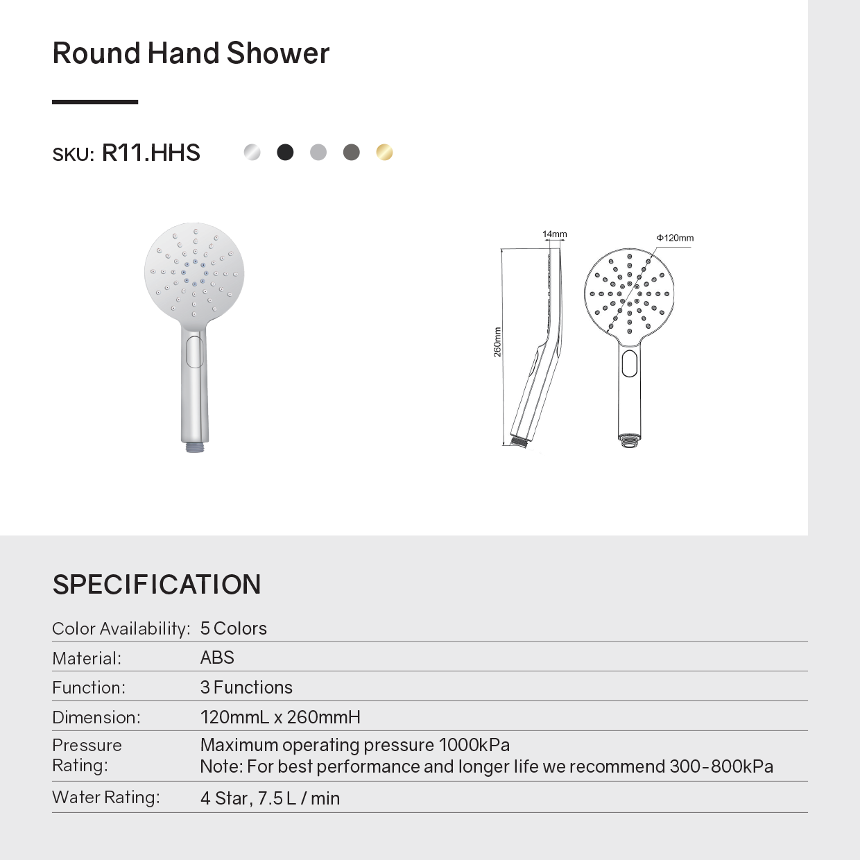 ABS 3 Functions Handheld Shower Head Round - Black