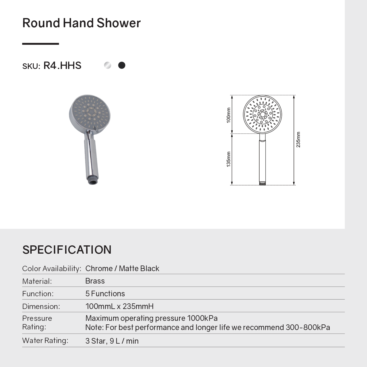 ABS 5 Functions Handheld Shower Head Round - Chrome