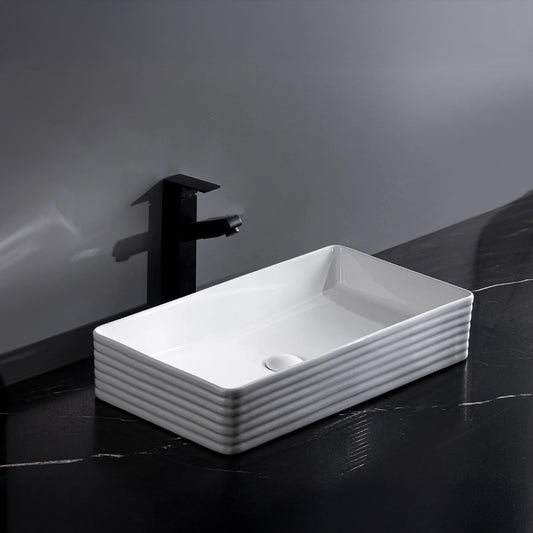 CLAYA RT-6034 Fluted Rectangle Ceramic Above Counter Basin – Matte White