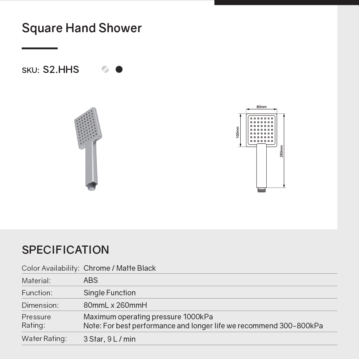 ABS Single Functions Handheld Shower Head Square - Chrome Silver