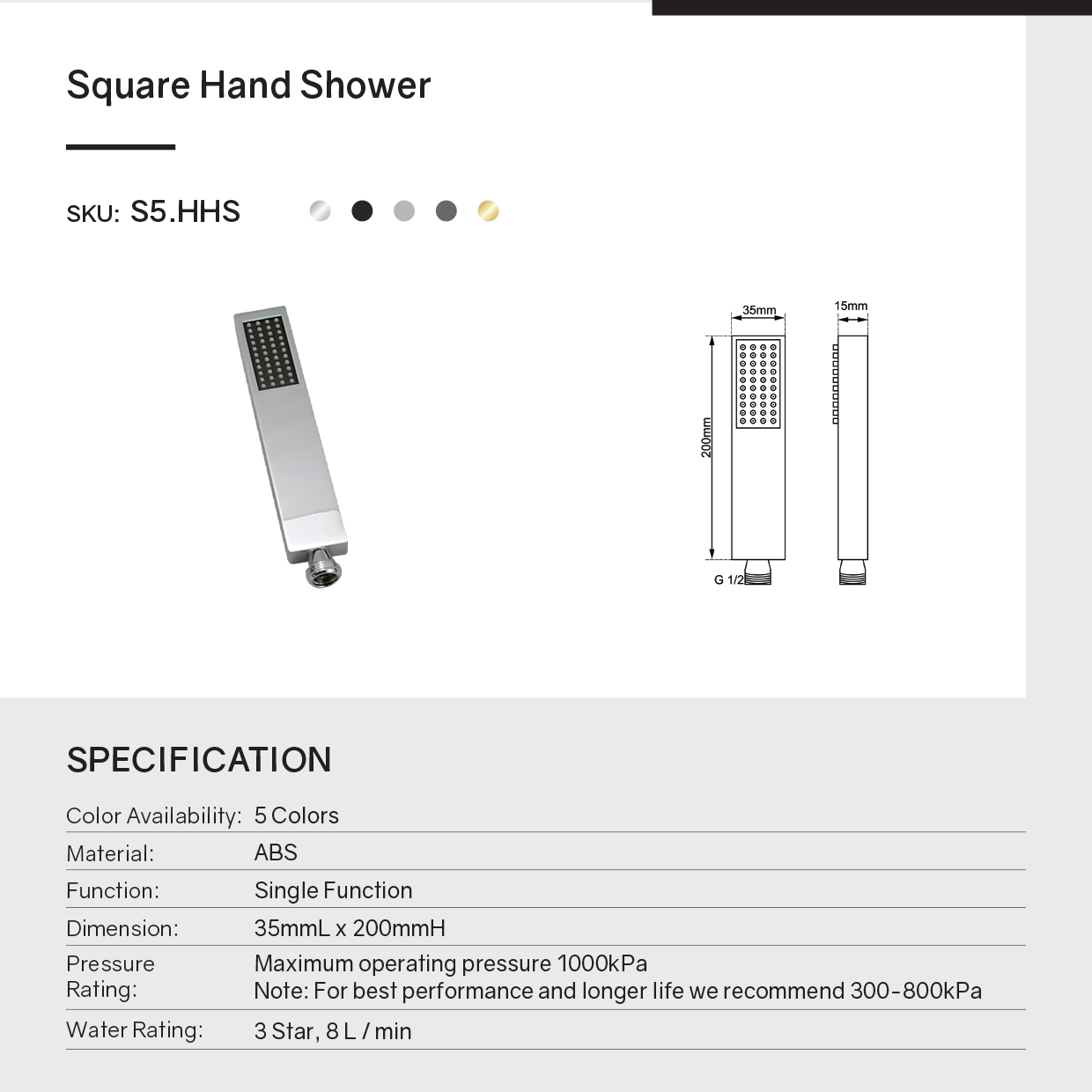 Brass Single Function Handheld Shower Head Square - Black