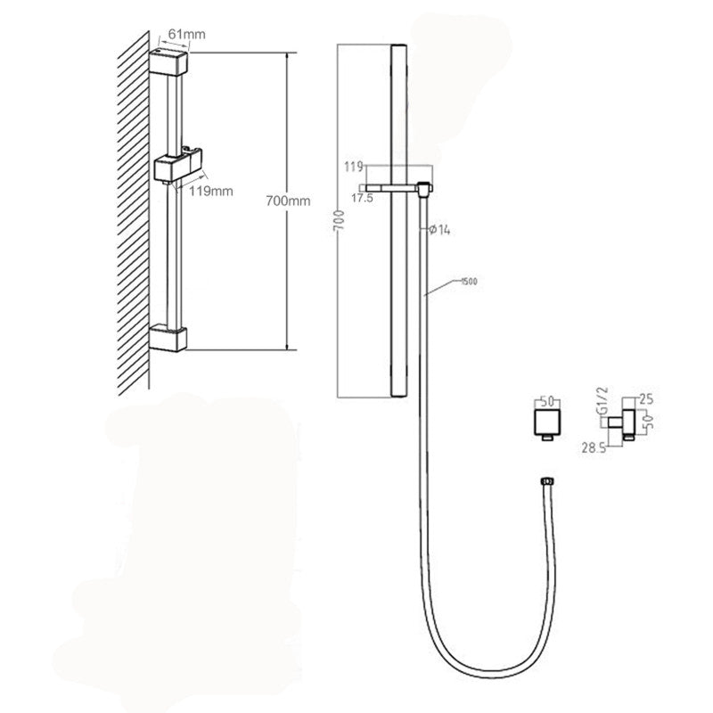 Handheld Shower Rail Square - Stainless Steel & Solid Brass - Chrome Silver