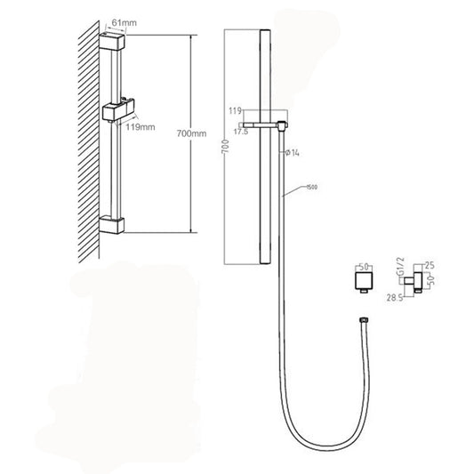 Handheld Shower Rail Square - Stainless Steel & Solid Brass - Brushed Nickel Silver