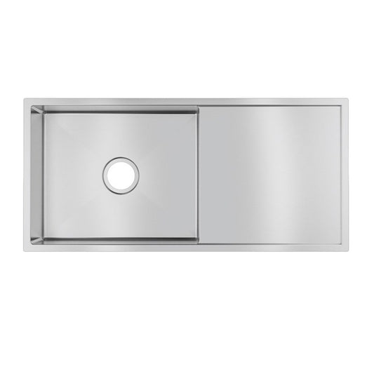 Stainless Steel Round Corner Handmade Single Bowl Kitchen Sink with Drain Board 960*450*230mm- Chrome Silver