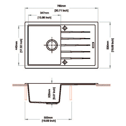 Carysil Granite Single Bowl Kitchen Sink with Drainboard Vivaldi D100S - White