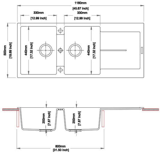 Carysil Granite Stone Double Bowl Kitchen Sink with Draining Board 1160x460x200mm - White