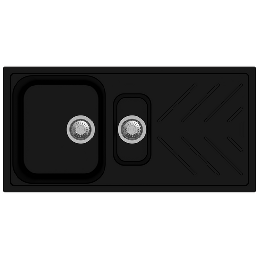 Carysil Granite 1 & 1/4 Double Bowl Stone Kitchen Sink with Drain Board - Black - Beethoven D150