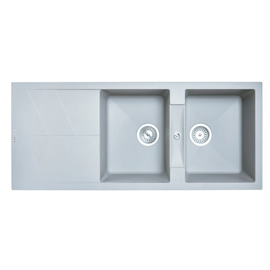 Carysil Granite Stone Double Bowl Kitchen Sink with Draining Board 1150x500mm - Concrete Grey