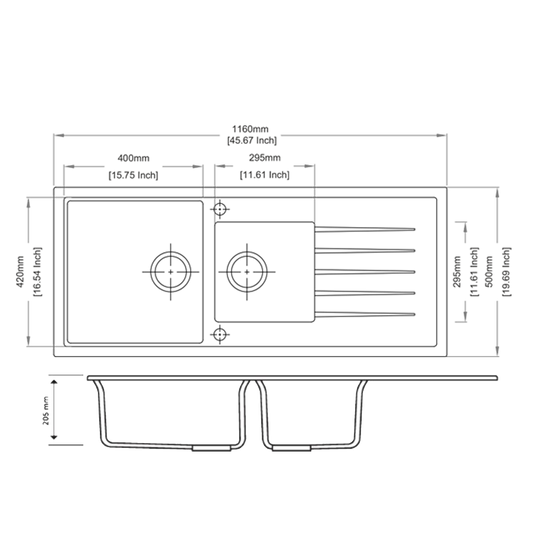 Carysil Granite Stone 1 1/2 Bowl Kitchen Sink with Draining Board 1160x500mm - White