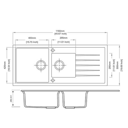Carysil Granite Stone 1 1/2 Bowl Kitchen Sink with Draining Board 1160x500mm - White