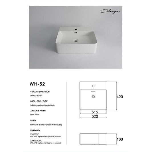 CLAYA WH-52 Ceramic Above Counter or Wall Hung Basin – Gloss White