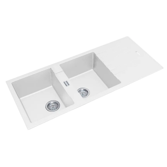 Granite Arete Stone Double Bowl Kitchen Sink with Drain Board 1160x500x200mm - White