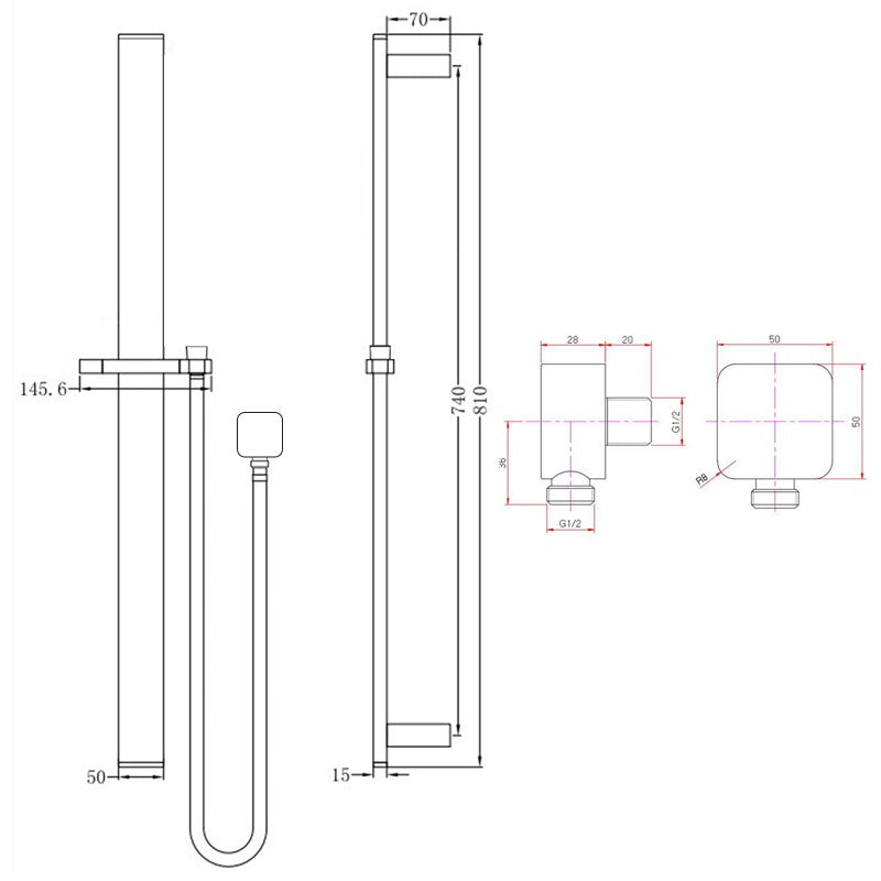 Handheld Shower Rail Flat - Stainless Steel & Solid Brass - Gunmetal Gray
