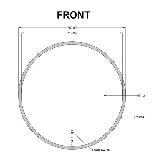 Front dimensions of Carysil 750mm round front-lit LED bathroom mirror