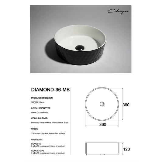 CLAYA diamond 36 round ceramic above counter basin matte black – view 2