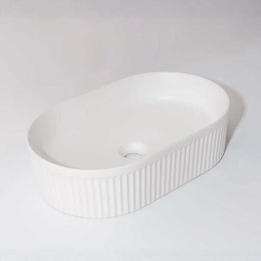 CLAYA pill 49 fluted ceramic 490mm above counter basin matte white