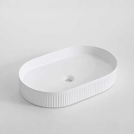 CLAYA pill 58 fluted ceramic 580mm above counter basin gloss white