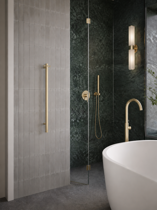 Light brushed brass vertical single-bar heated towel rail with timer