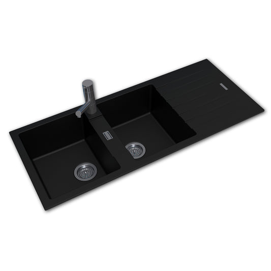 The Granite Arete Stone Double Bowl Kitchen Sink features a drain board and measures 1160x500x200mm. Its black finish adds a touch of elegance to your kitchen. Durable and functional.-Kitchen Sink-Ezymall AU
