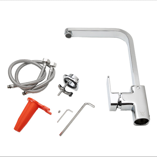 Chrome kitchen mixer tap with braided hoses, mounting hardware, and installation tools on a white background.