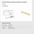 Load image into Gallery viewer, Specifications for LUCID PIN stainless steel towel shelf in light brushed brass