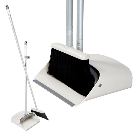 Dolanx Long Handle Broom and Dustpan Set with Convertible Height with Foldable Dustpan - White